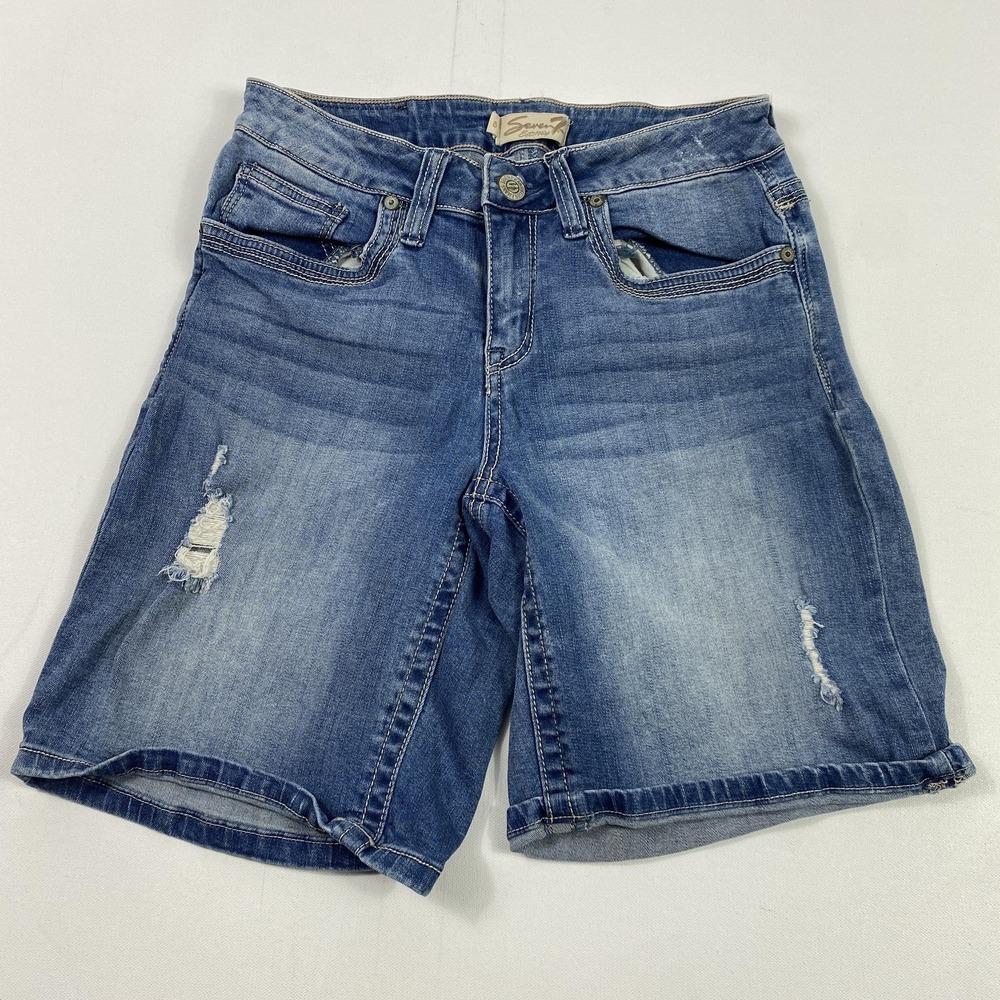 Seven7 Shorts Womens 6 Blue Distressed Denim Mid Rise Stretch Jean Casual Summer